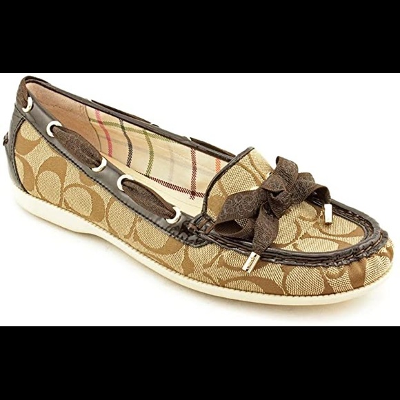 Coach Carisa Brown monogram patent flat loafer signature C pattern grosgrain - Picture 2 of 8